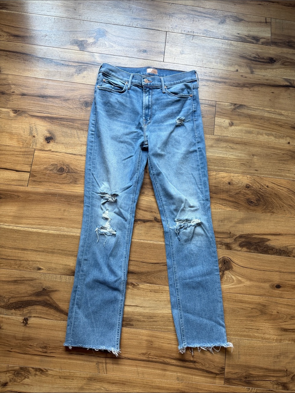 MOTHER Medium Blue Distressed Straight Leg Jeans